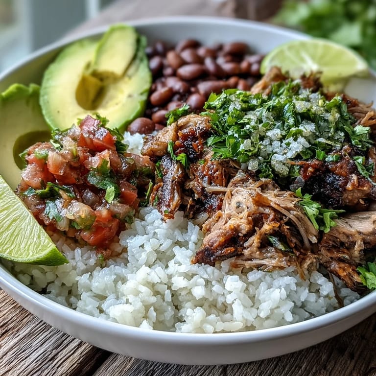 Vibrant carnitas bowl with golden rice, hearty beans, and sliced avocado, served with lime wedges on the side.