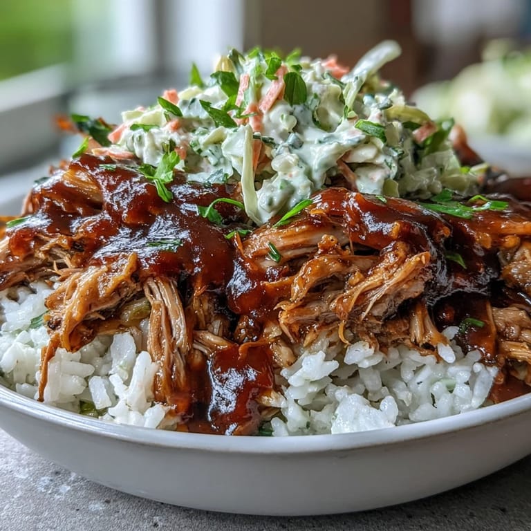 Slow-cooked pulled pork bowl topped with crunchy coleslaw and green onions, ready to serve.