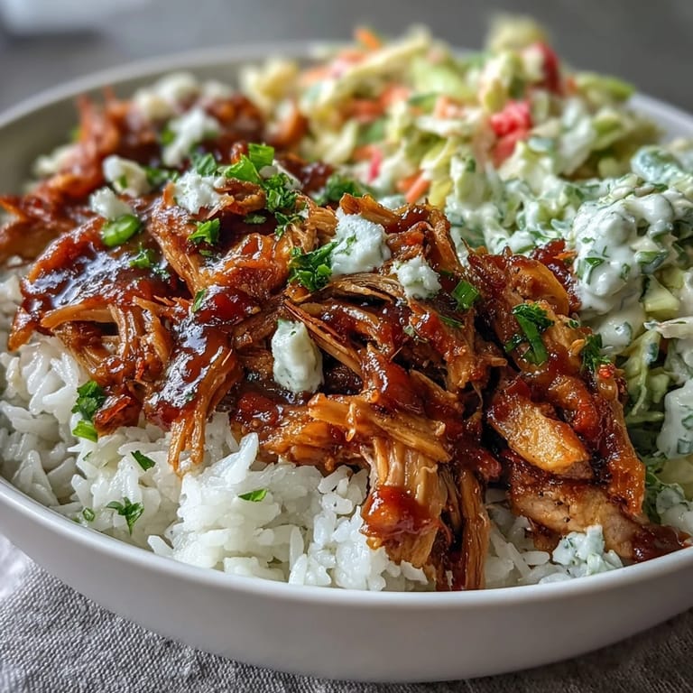 Savory pulled pork bowl with rice, drizzled BBQ sauce, and fresh cilantro garnish on top.