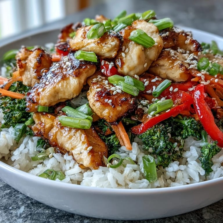 Colorful chicken and rice bowl served on a white plate, showcasing juicy protein, steamed grains, and crunchy seasonal veggies.
