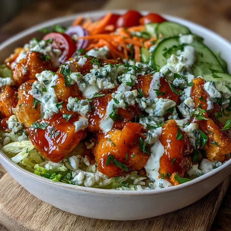 Blue cheese crumbles and tangy ranch drizzle over a hearty Buffalo Chicken Bowl.
