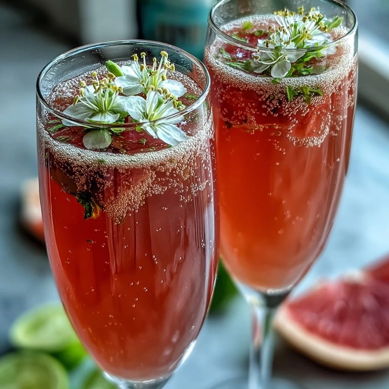 Chilled Elderflower Guava Mimosa in a coupe glass, topped with bubbly champagne and garnished with edible flowers.