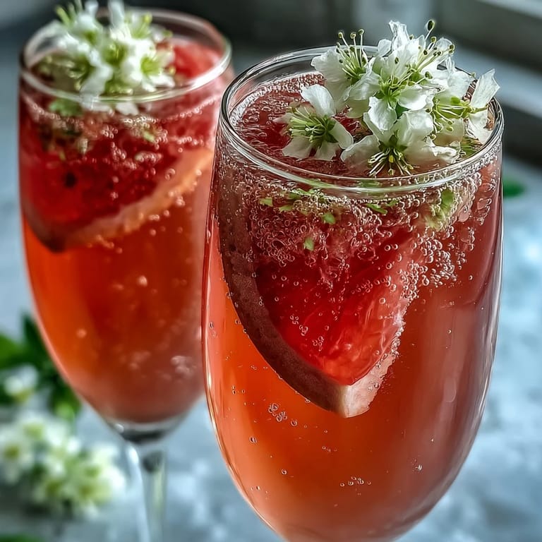 A refreshing Elderflower Guava Mimosa poured into a glass with tropical guava nectar and floral liqueur.