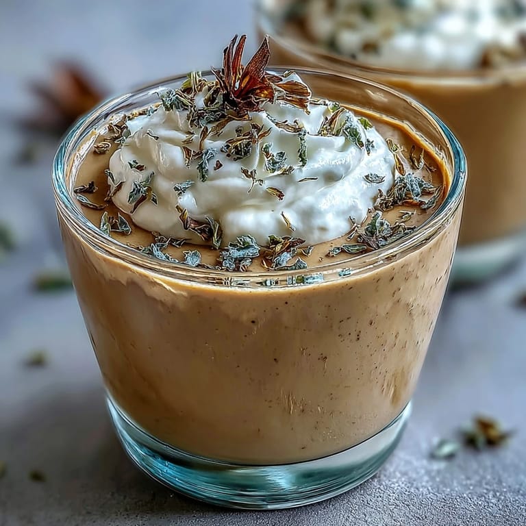 Creamy Hojicha Pudding in a glass ramekin, topped with whipped cream and cocoa powder.