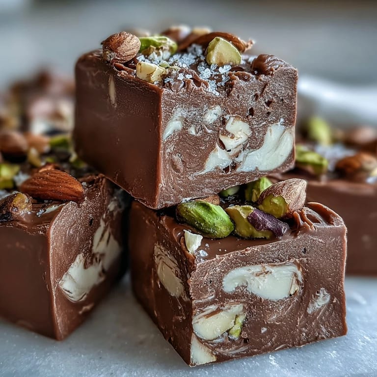 Chewy Hojicha Nougat pieces topped with crushed pistachios and almonds, showcasing the roasted green tea confection’s texture.