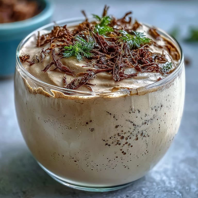 Earthy roasted Hojicha Mousse topped with toasted tea leaves, ready to serve.
