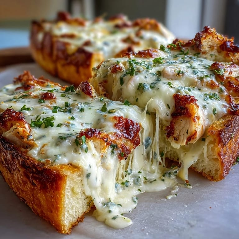 Crispy Italian bread topped with creamy Alfredo sauce, tender chicken pieces, and fresh parsley garnish on a baking sheet.