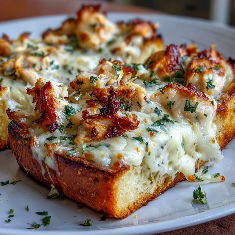 Freshly baked Chicken Alfredo Garlic Bread paired with a green salad, ready to be sliced and served at dinner.