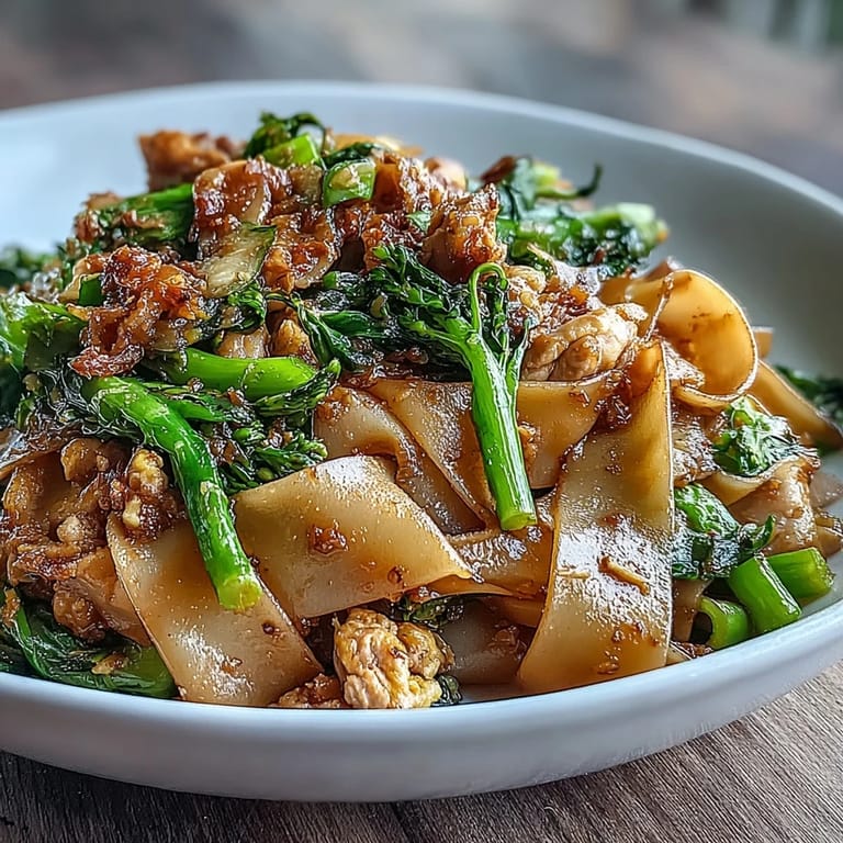 A close-up of Authentic Thai Pad See Ew in a wok, steam rising from glossy, caramelized noodles mixed with fresh green gai lan.