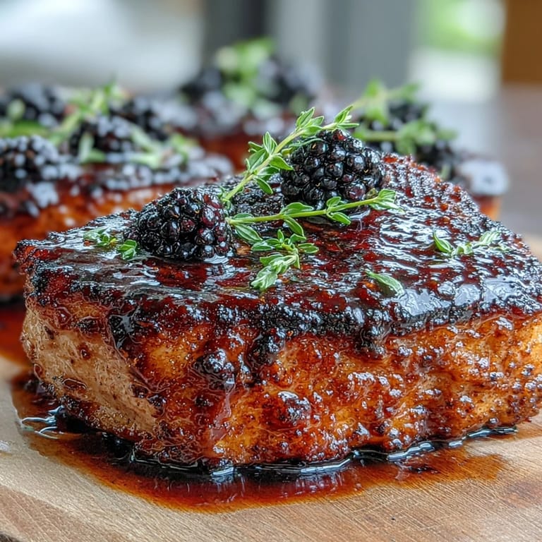 Savory pan-seared pork chops smothered in a sweet bourbon blackberry glaze, garnished with fresh berries on a rustic wooden serving board.