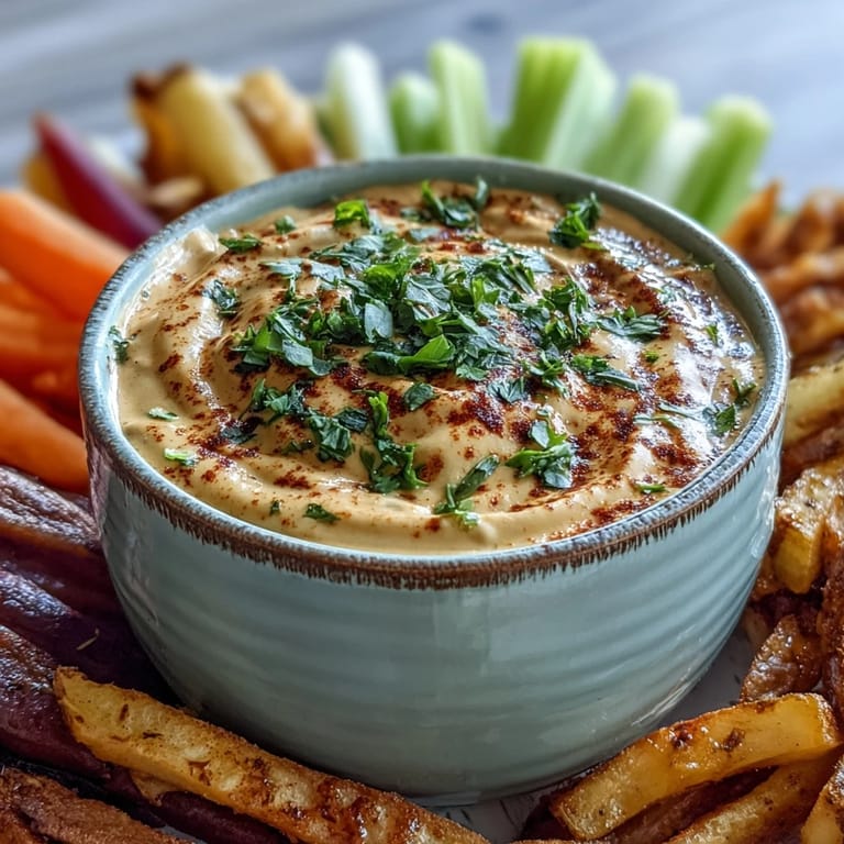 A small bowl of homemade Southwest Ranch Sauce beside crispy fries and celery sticks, ready for dipping.