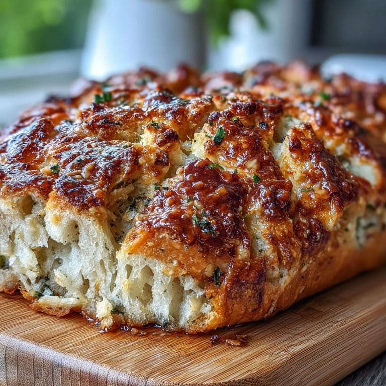 Sliced Perfect Parmesan Garlic Artisan Bread revealing a tender, cheesy, garlicky crumb, ready to be enjoyed warm with butter.