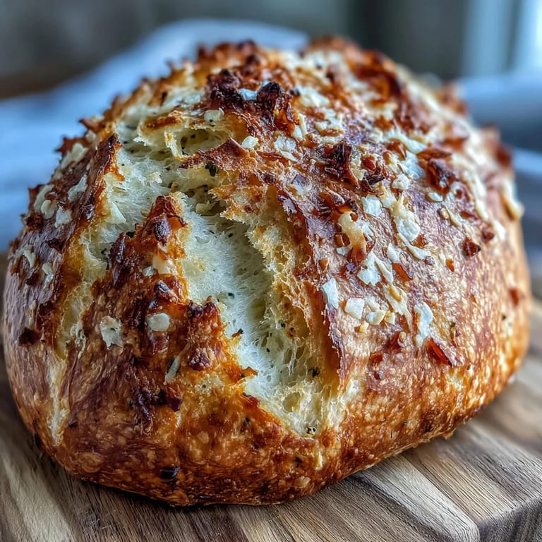 Perfect Parmesan Garlic Artisan Bread loaf on a wooden board, surrounded by soup bowls and salad for a cozy meal.