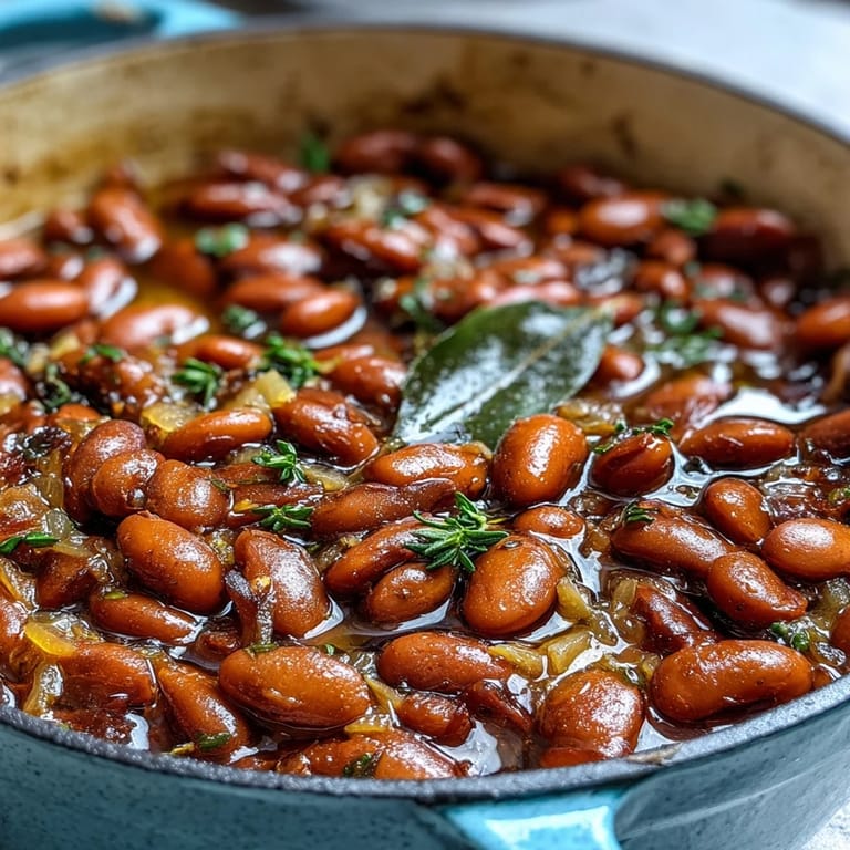Golden-brown pinto beans with tender skins, resting in a rustic bowl with a bay leaf garnish for a Mexican-inspired meal.