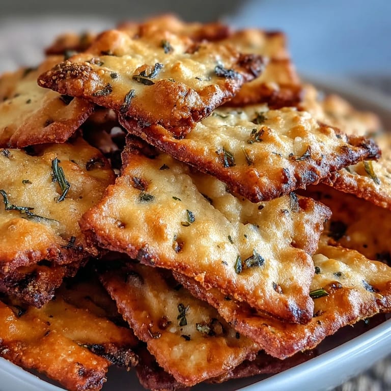The finished Ranch Oyster Crackers are piled high in a rustic ceramic bowl, their golden color and specks of herbs inviting for a savory snack.