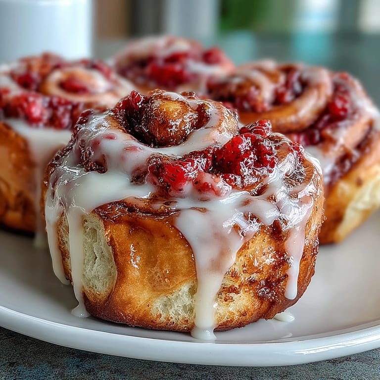 A top-down view of freshly glazed Strawberry Cinnamon Rolls on a rustic wooden board, showcasing the vibrant red jam filling in each swirl.
