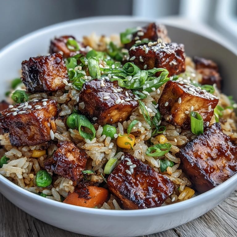 Freshly sliced scallions and toasted sesame seeds sprinkle over a steaming bowl of Crispy Sesame Tofu Fried Rice, ready to serve.
