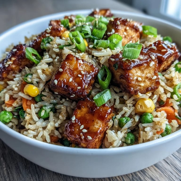 Overhead view of a colorful skillet meal featuring Crispy Sesame Tofu Fried Rice, highlighting the contrasting textures and savory aromas.