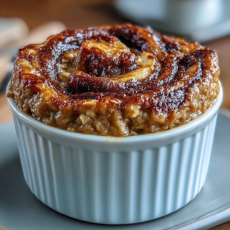 Warm Cinnamon Swirl Protein Banana Baked Oats sits beside sliced bananas and a spoon, ready for a nourishing single-serve breakfast.