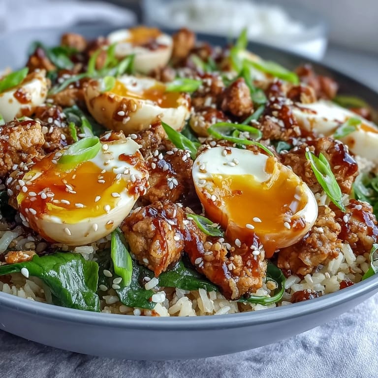 A close-up of Creamy Korean Turkey Rice Skillet with spinach, carrots, and sesame seeds garnish