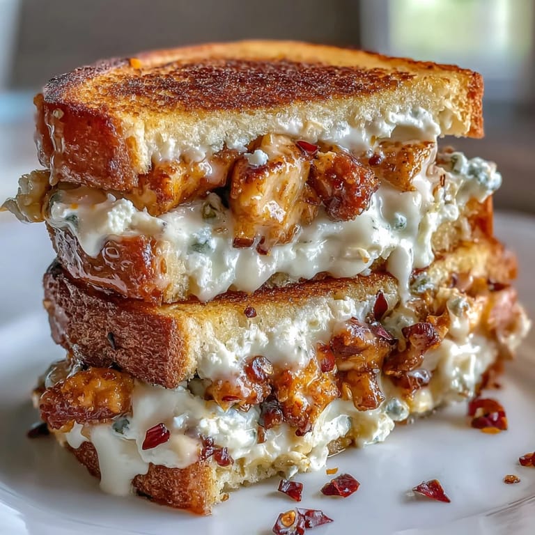 Freshly grilled Goat Cheese & Hot Honey Chicken Grilled Cheese is sliced to show its creamy interior.