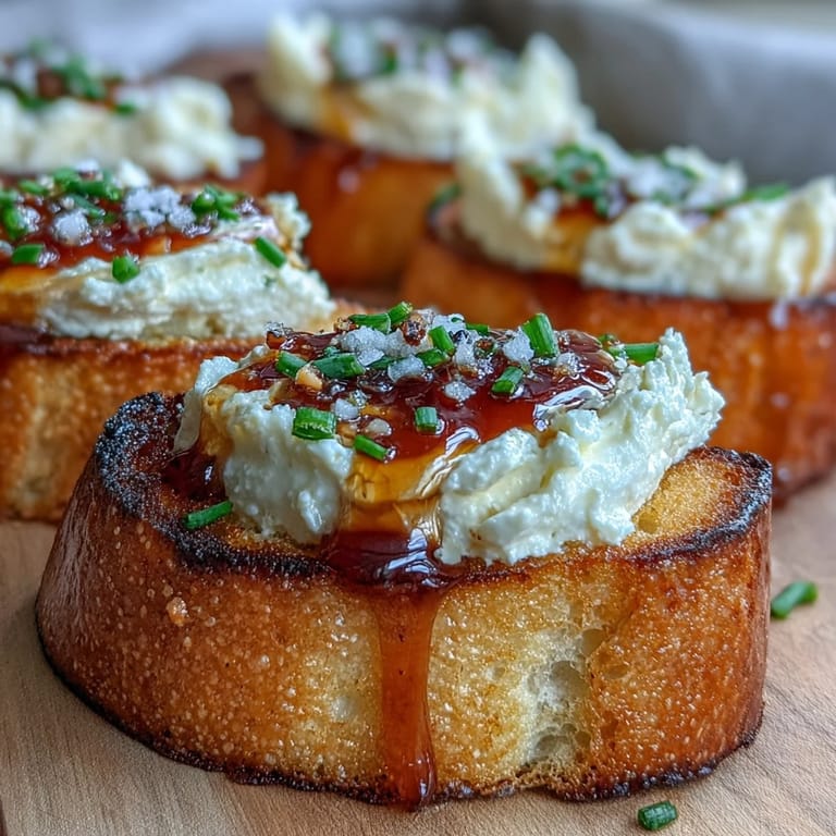 Crispy homemade crostini spread with rich cream cheese and goat cheese mixture, finished with a glistening chili-infused honey drizzle for an elegant appetizer.
