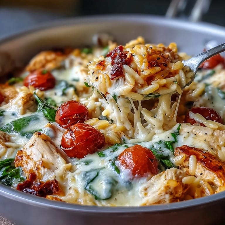 A hearty bowl of One-Pan Creamy Chicken Lasagna Orzo with rich tomato sauce, Italian herbs, and golden melted cheese topping.