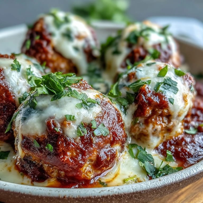 Fork-ready Baked Spicy Chicken Parm Meatballs served over spaghetti, garnished with fresh parsley and Parmesan.