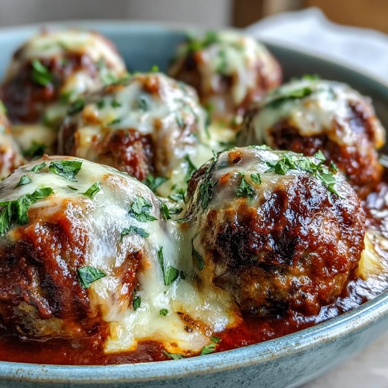 Sizzling Baked Spicy Chicken Parm Meatballs in a skillet, layered in marinara sauce and ready for cheese.