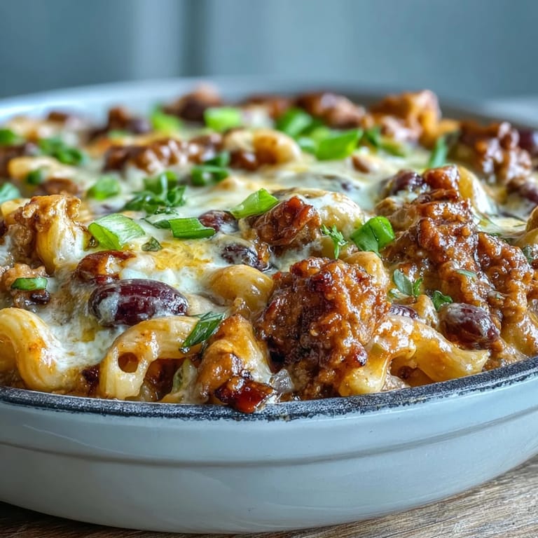 Steamy, cheesy Baked Ranch Turkey Chili Mac scooped from the Dutch oven, ready for family dinner.
