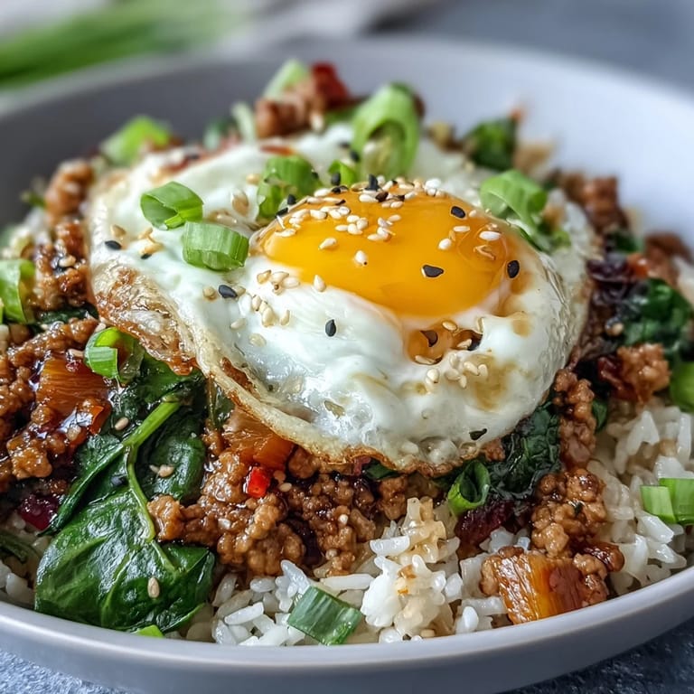 Creamy Korean Turkey Rice Skillet served with sesame seeds and a side of kimchi.