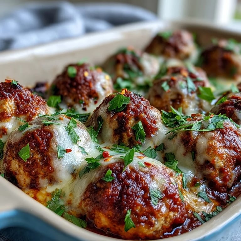 Glistening Baked Spicy Chicken Parm Meatballs baking in marinara, with steam rising and melted cheese bubbling for an irresistible weeknight meal.