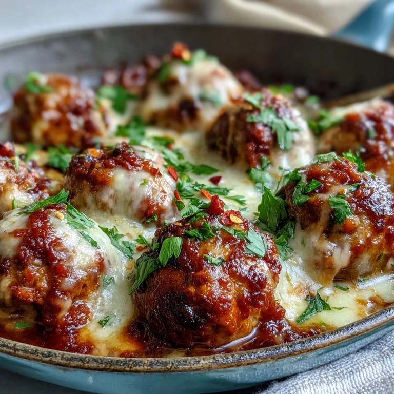 Golden-brown Baked Spicy Chicken Parm Meatballs on a rustic plate with parsley garnish, ready to be paired with crusty garlic bread.