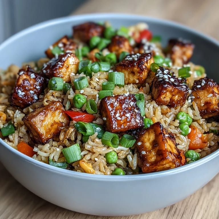 Sizzling hot Crispy Sesame Tofu Fried Rice is plated next to chopsticks, highlighting the golden-brown texture of the tofu.