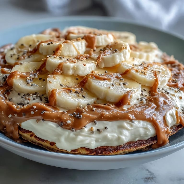 A close-up of the High-Protein Breakfast Pizza Bowl showing a golden baked pancake base with creamy Greek yogurt frosting.