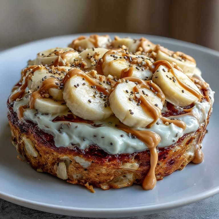 Fresh banana slices and a drizzle of warm peanut butter top this warm High-Protein Breakfast Pizza Bowl on a rustic plate.