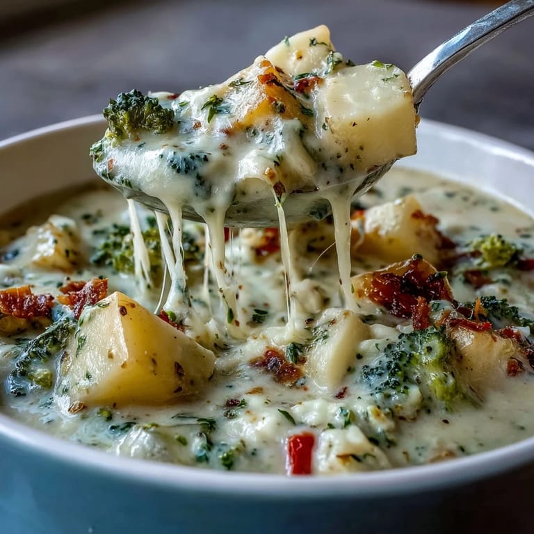 A ladle lifts Creamy Garlic Parmesan Veggie Soup, revealing melted mozzarella and tender broccoli in a rich, cheesy broth.