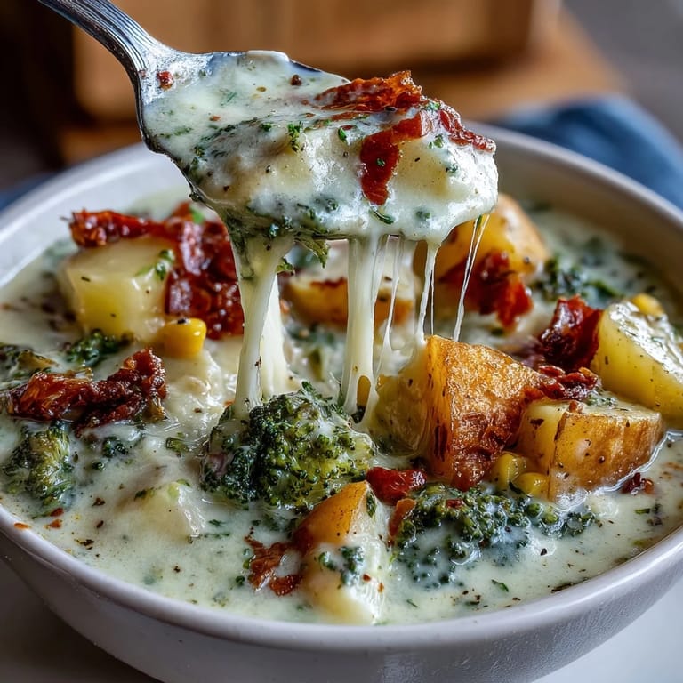 Served with crusty bread, Creamy Garlic Parmesan Veggie Soup simmers in a pot, dotted with colorful corn and diced carrots.