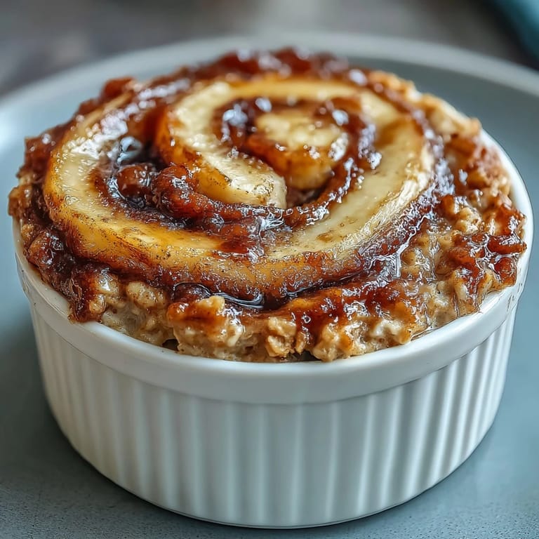 Freshly baked Cinnamon Swirl Protein Banana Baked Oats rising high in a white ramekin, topped with sliced bananas and a dollop of Greek yogurt. 
