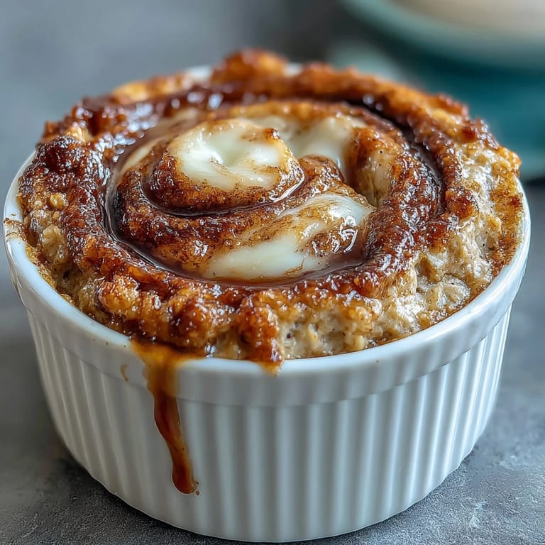 Golden brown Cinnamon Swirl Protein Banana Baked Oats with a visible ribbon of cinnamon sugar, served warm on a cozy breakfast table. 