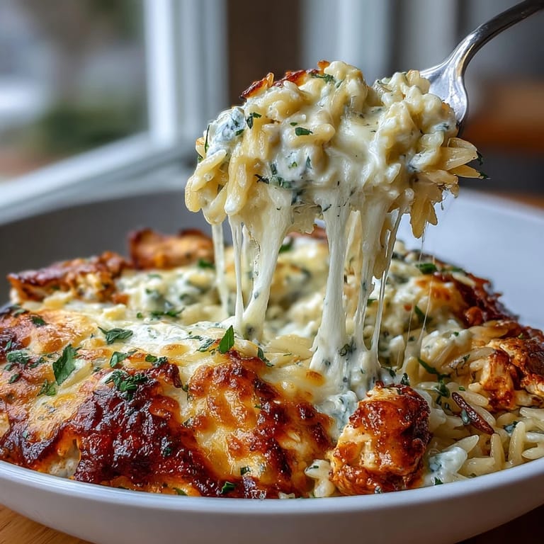 Tender chicken and orzo pasta in One-Pan Creamy Chicken Lasagna Orzo simmer in tomato sauce, ready to serve with garlic bread.