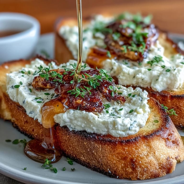Close-up of crispy hot honey goat cheese crostini drizzled with sweet and spicy glaze.