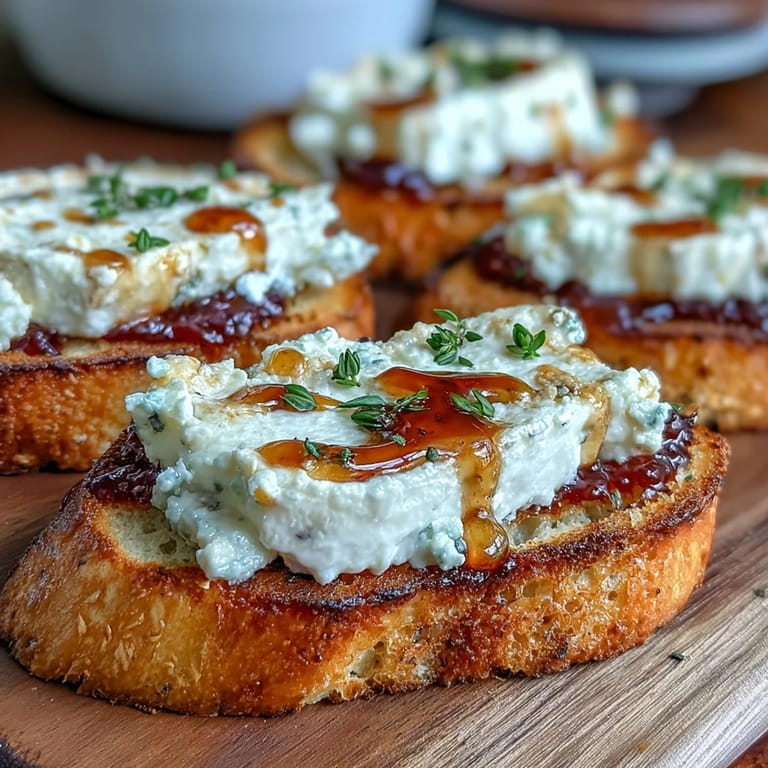 A platter of easy hot honey goat cheese crostini, perfect for entertaining guests.