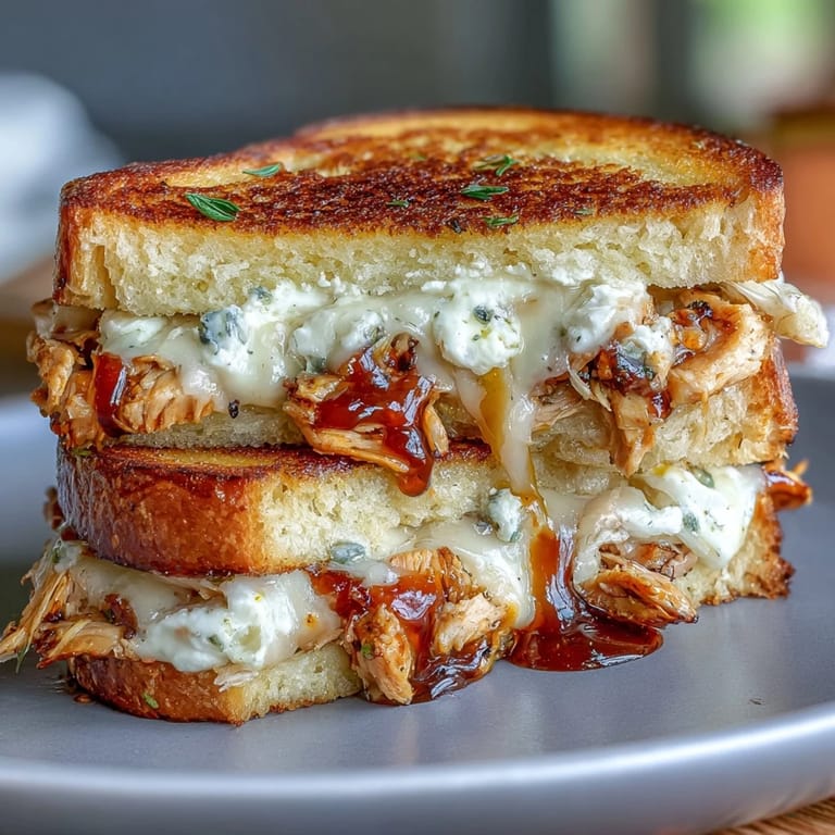 A hearty Goat Cheese & Hot Honey Chicken Grilled Cheese sandwich on a plate beside a small salad, perfect for lunch.