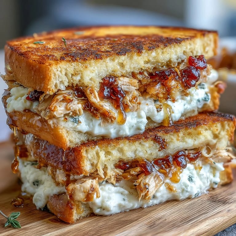 Golden-brown Goat Cheese & Hot Honey Chicken Grilled Cheese slices stacked on a cutting board, highlighting the shredded chicken filling.