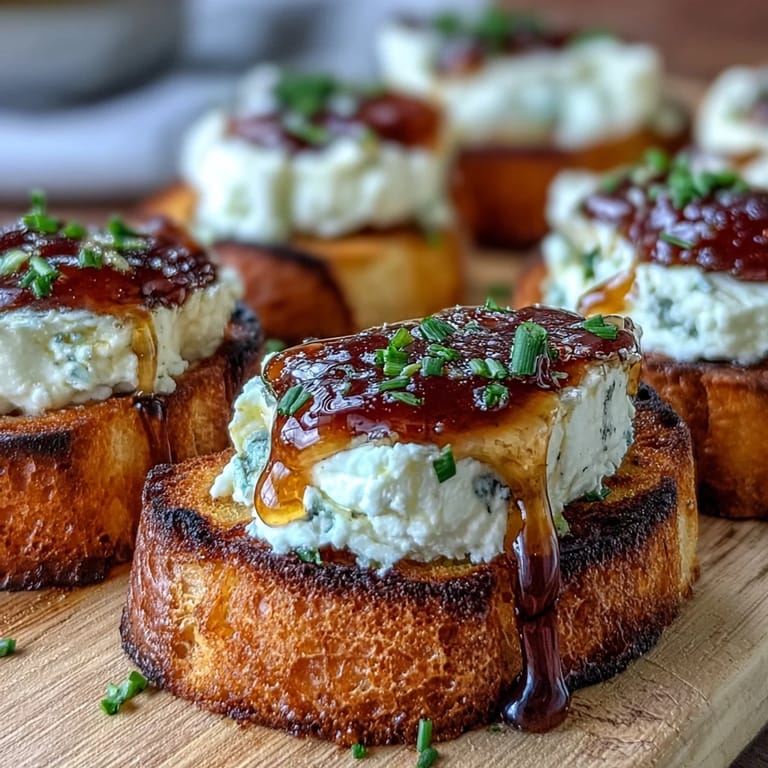 A platter of easy hot honey goat cheese crostini, perfect for entertaining guests.