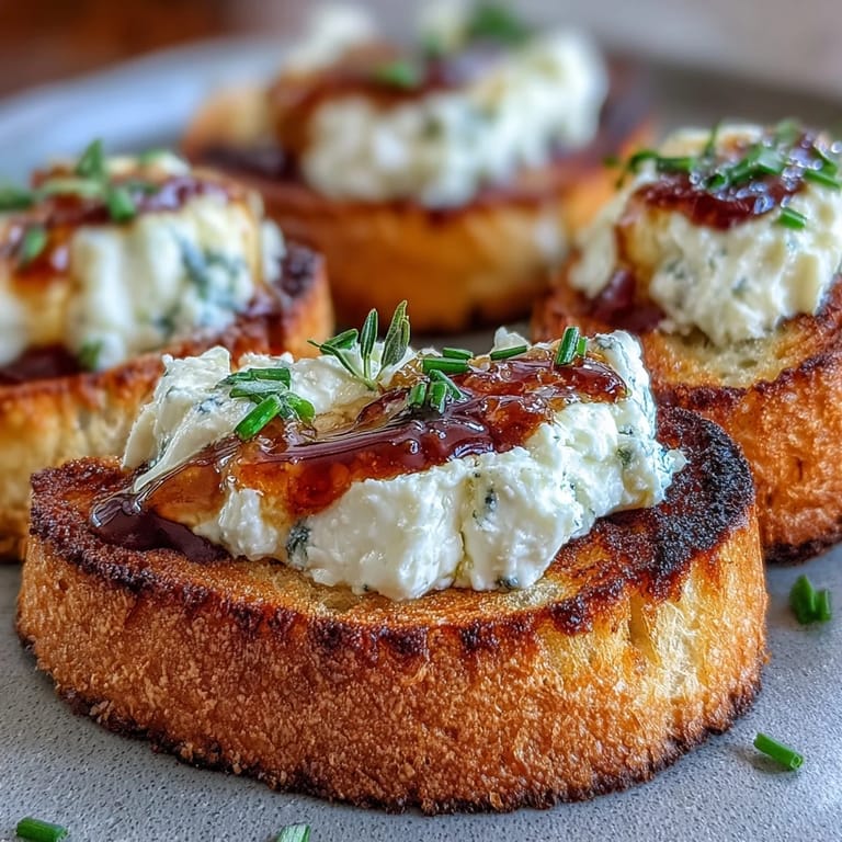 Close-up of crispy hot honey goat cheese crostini drizzled with sweet and spicy glaze.