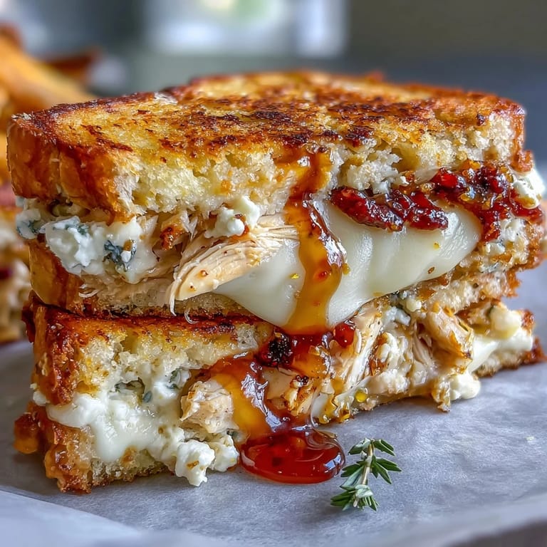 Golden-brown Goat Cheese & Hot Honey Chicken Grilled Cheese slices stacked on a cutting board, highlighting the shredded chicken filling.