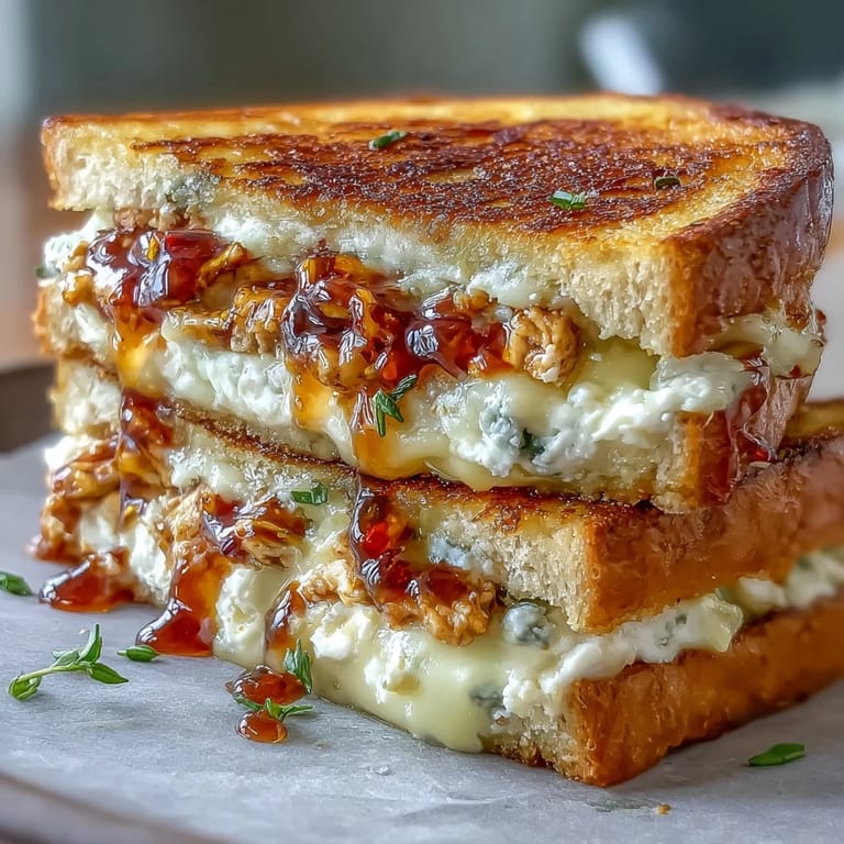 A hearty Goat Cheese & Hot Honey Chicken Grilled Cheese sandwich on a plate beside a small salad, perfect for lunch.