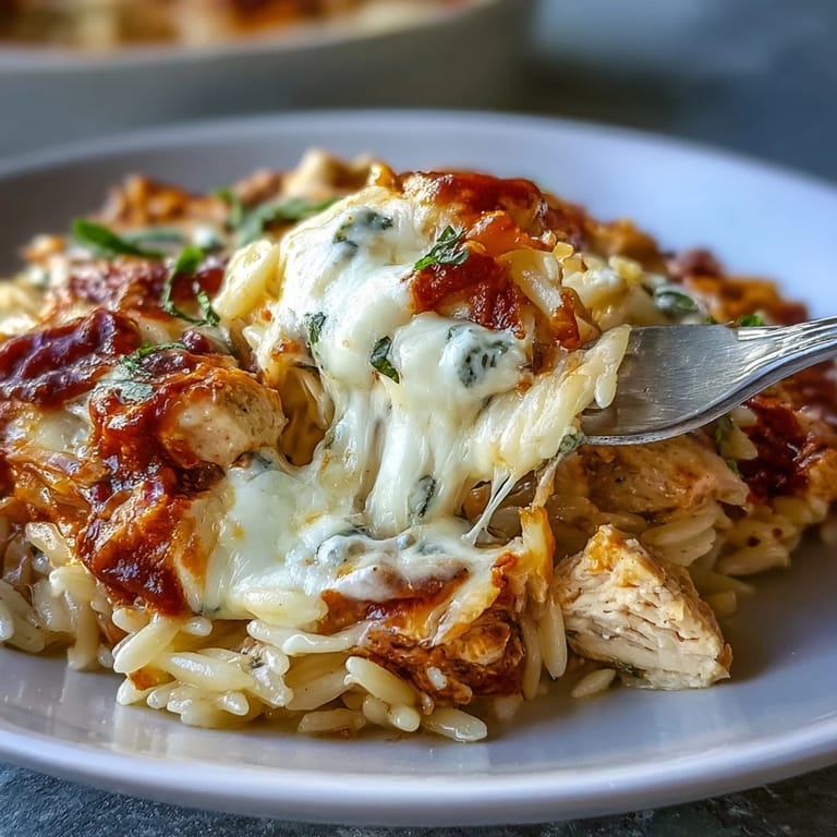Tender chicken and orzo pasta in One-Pan Creamy Chicken Lasagna Orzo simmer in tomato sauce, ready to serve with garlic bread.